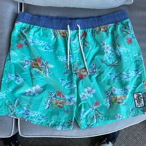 Quiet Storm Hawaiian print Green and Blue bathing suit trunks Mens XL
